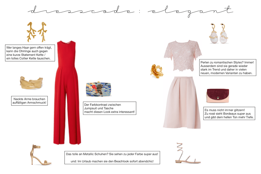 roter Jumpsuit und Spitzenkleid mit Metallic Sandalen